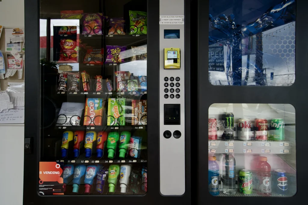 Vending machines stocked with snacks, drinks and laundry detergent at The Laundry Hub SF